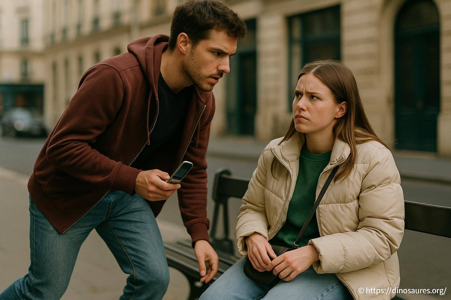 Homme interrogeant femme assise sur banc