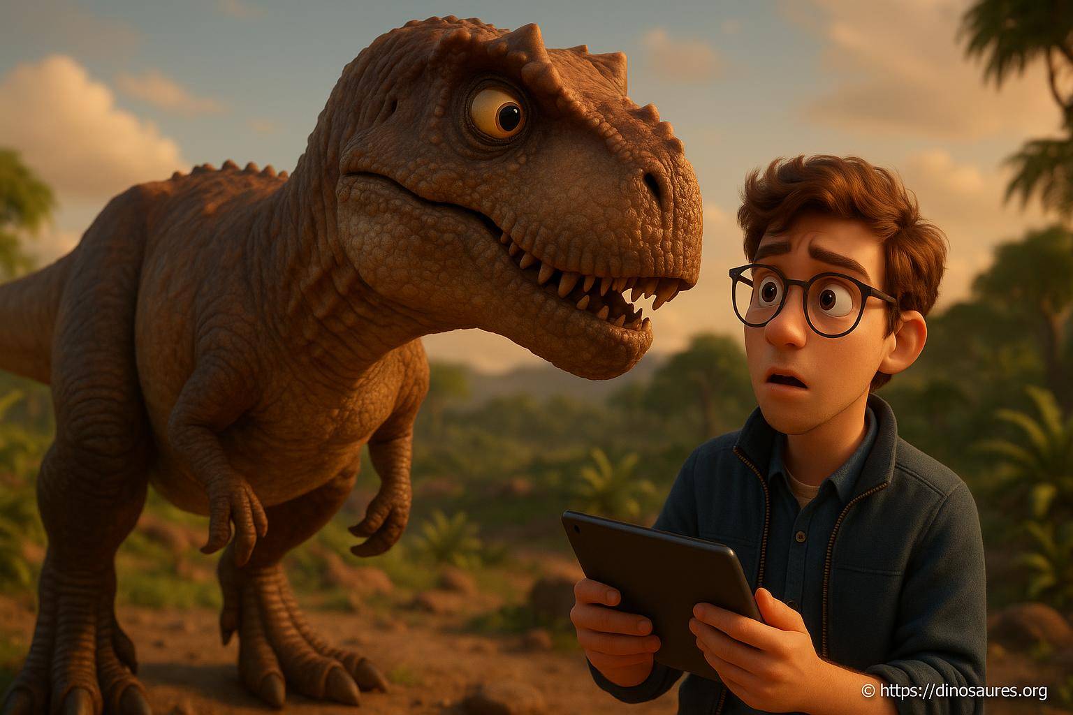 jeune homme surpris face à un dinosaure