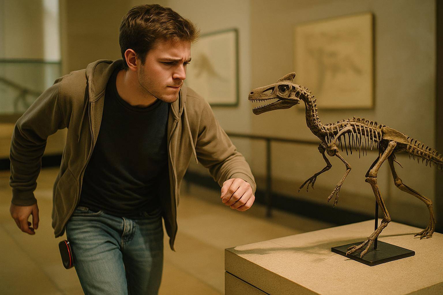 Homme observant un squelette de dinosaure