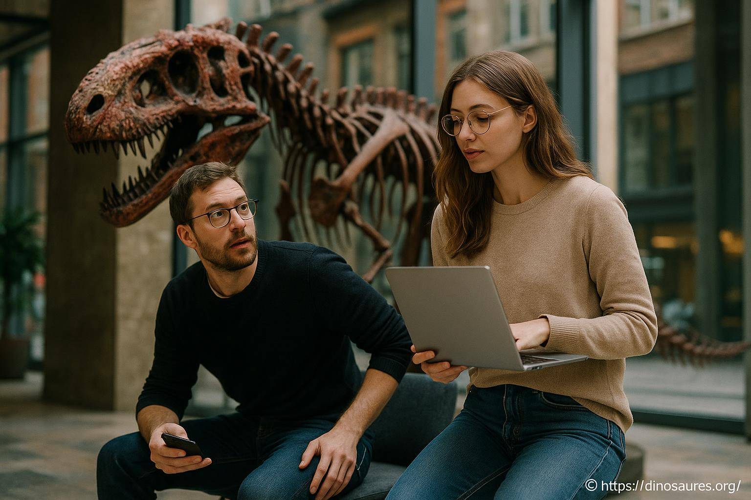 Jeunes adultes dans un musée de dinosaures