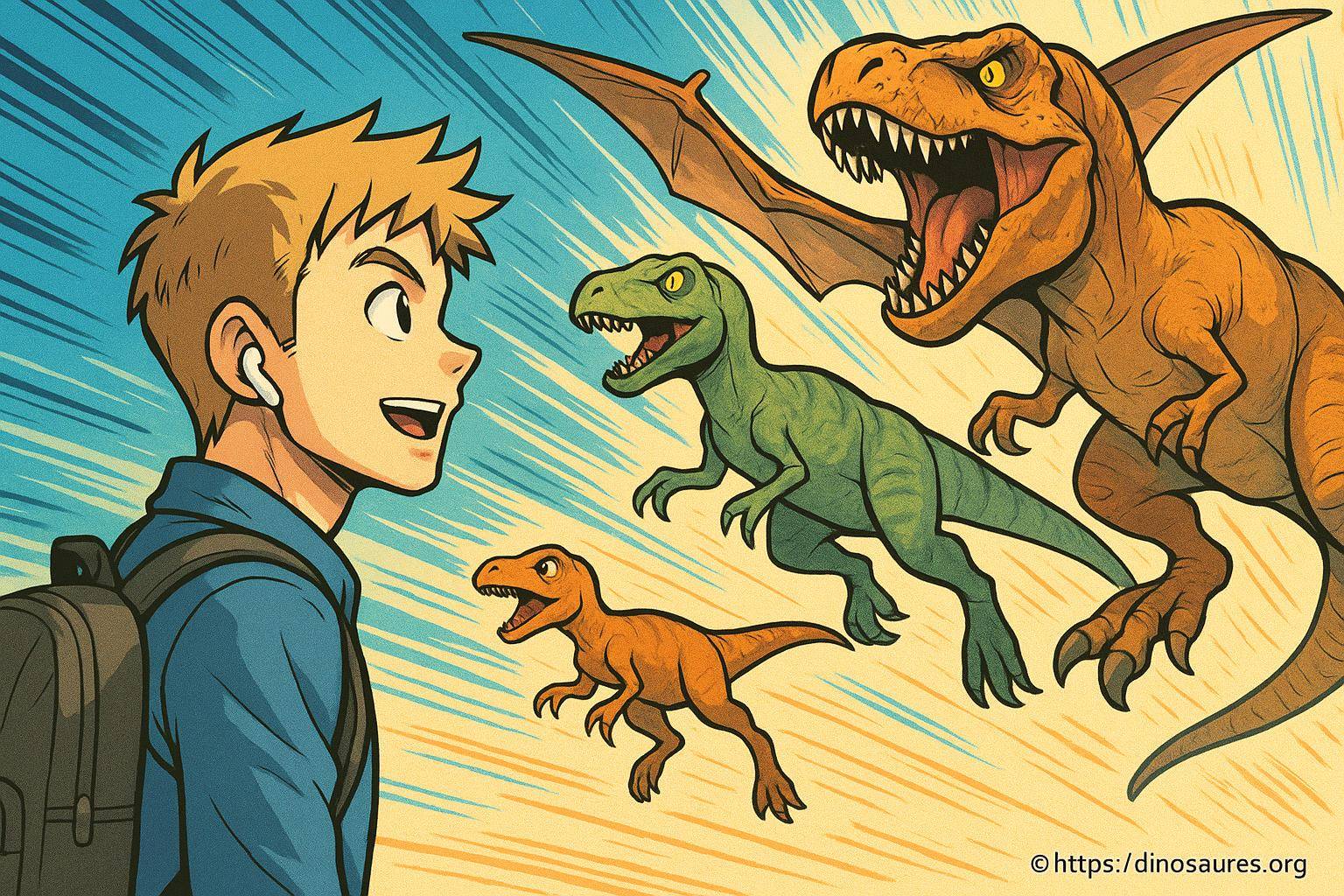 Garçon avec écouteurs et dinosaures animés