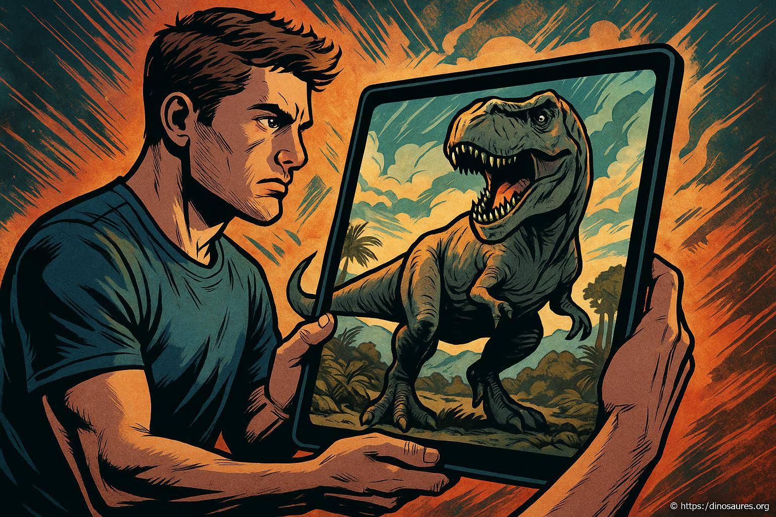 Homme regardant un dinosaure sur tablette