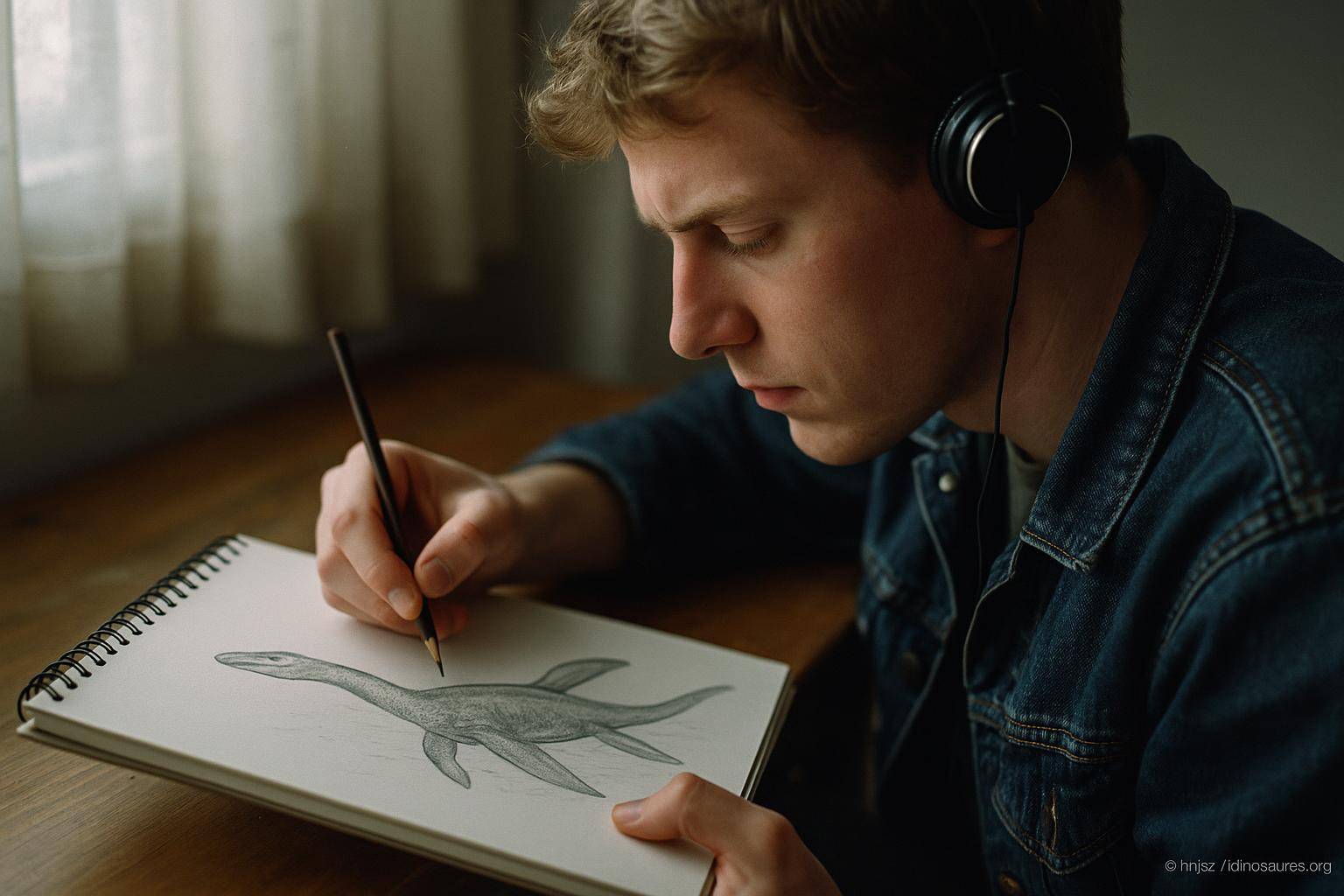 jeune homme dessinant un plésiosaure