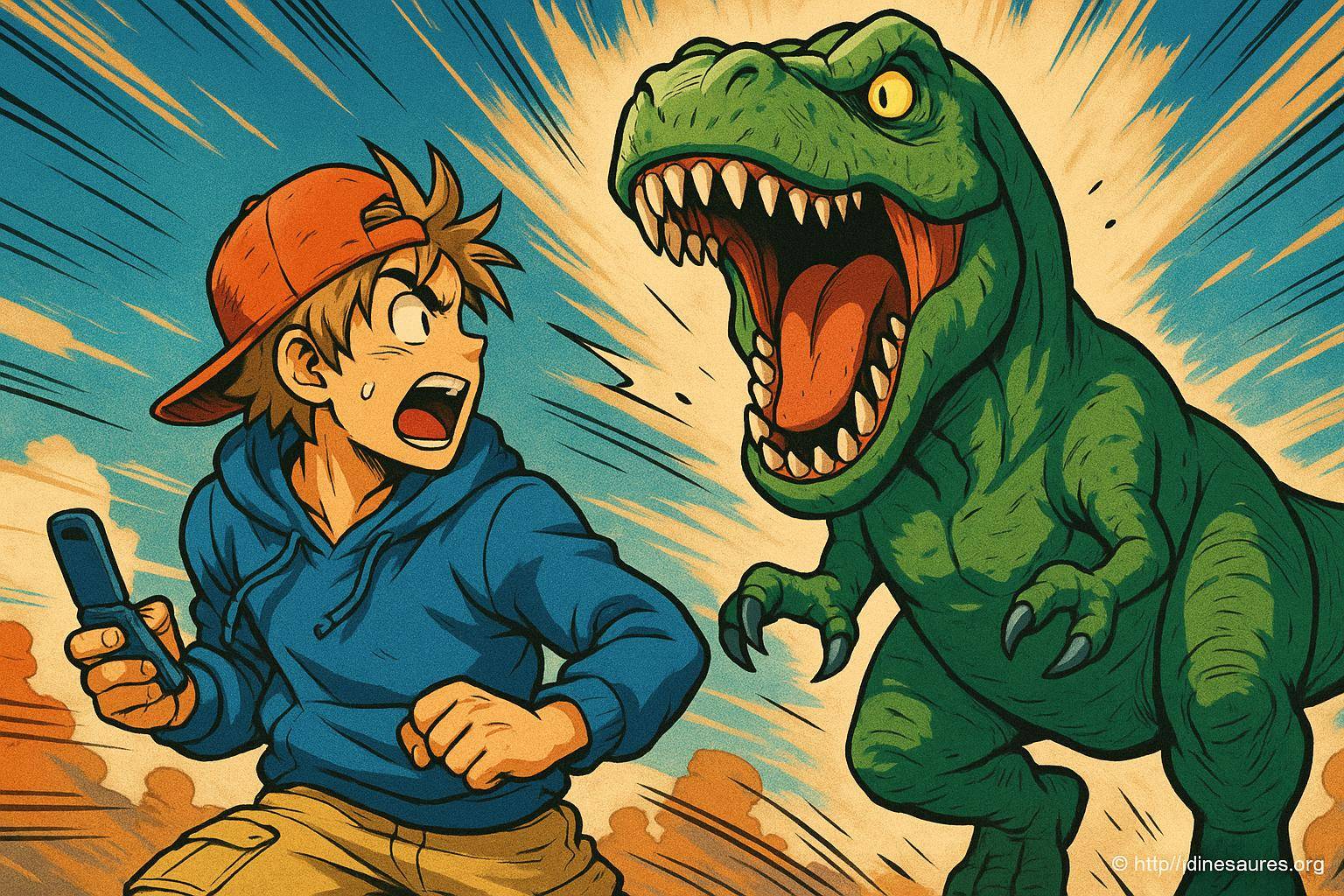 Jeune homme fuyant un dinosaure rugissant