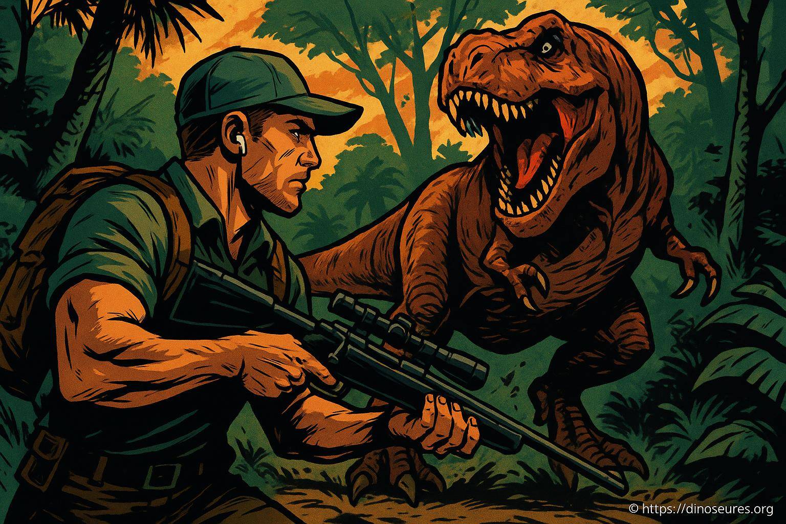 Chasseur armé face à un tyrannosaure rugissant