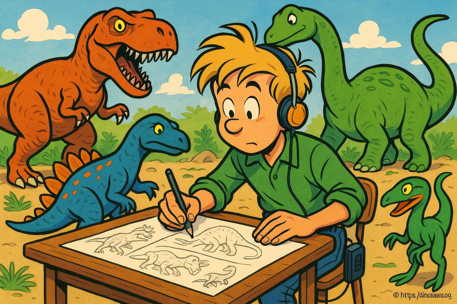 Garçon dessinant des dinosaures colorés