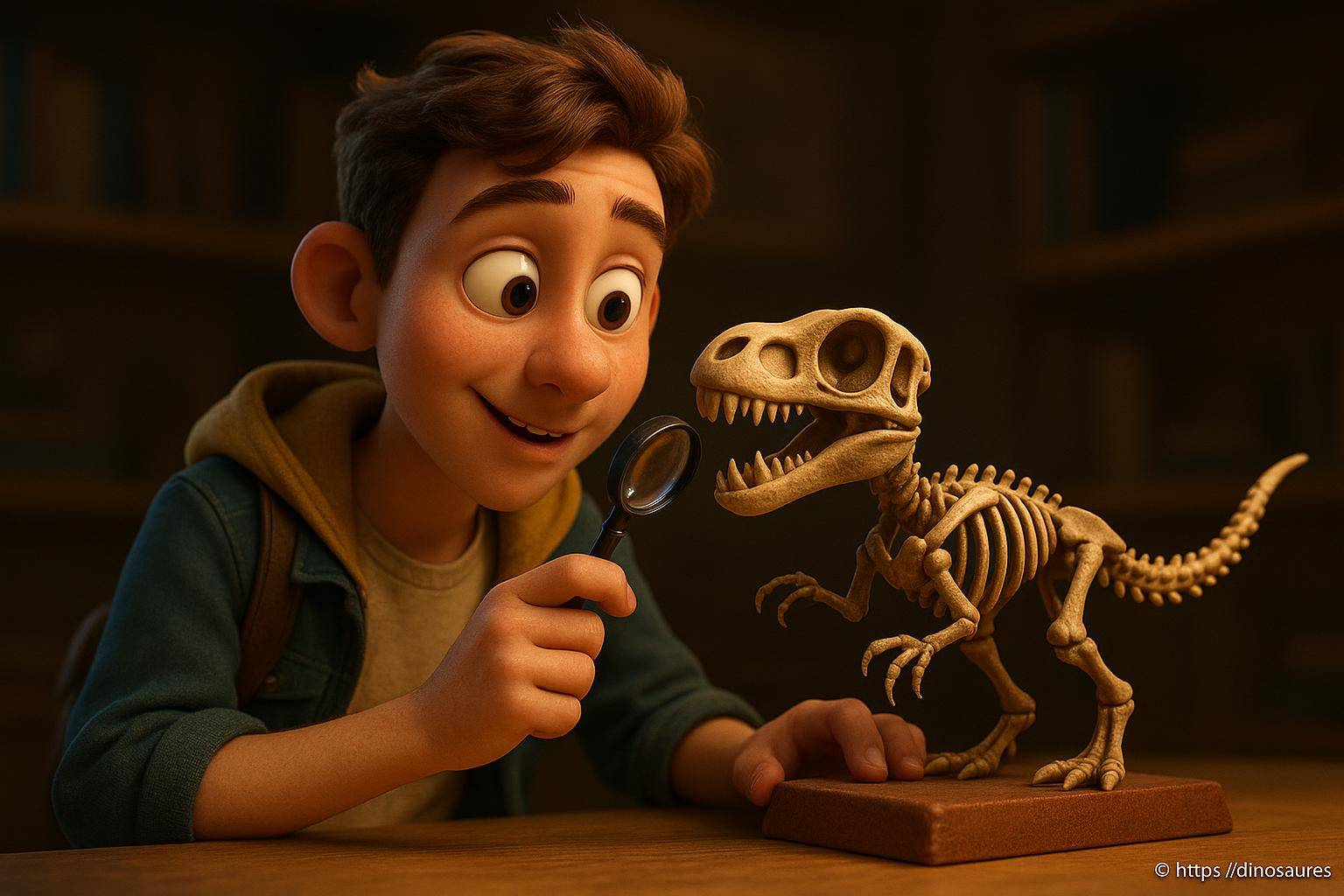 garçon observant squelette dinosaure