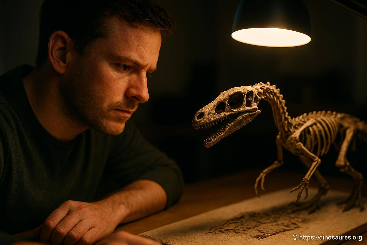 Homme étudiant un squelette de dinosaure
