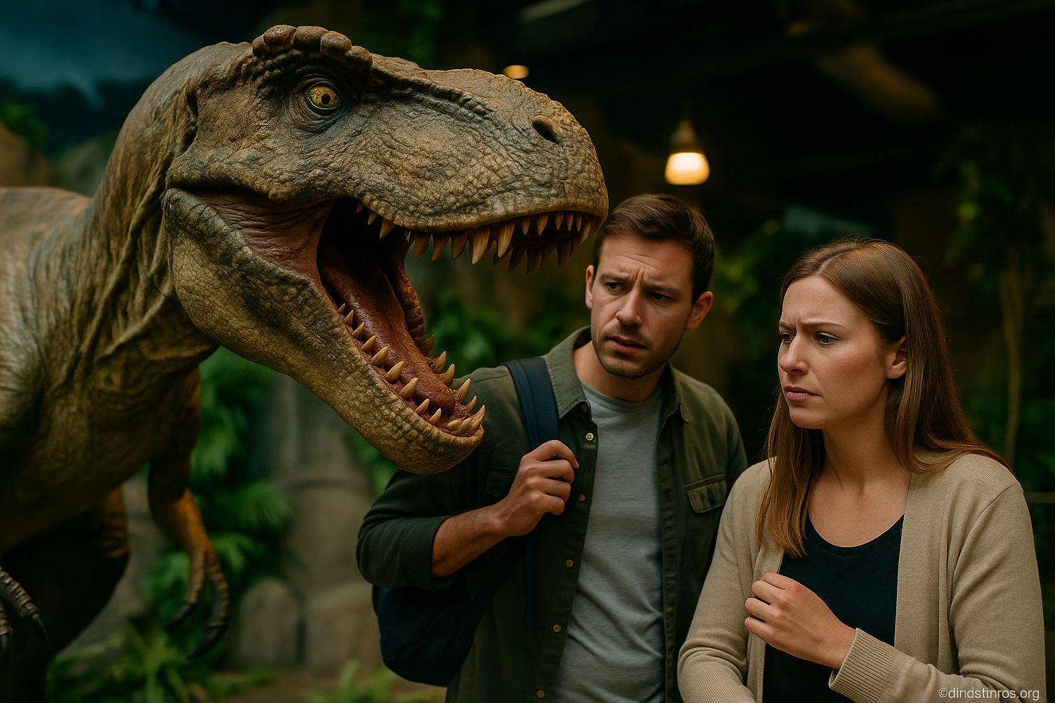 Homme femme face dinosaure cracheur