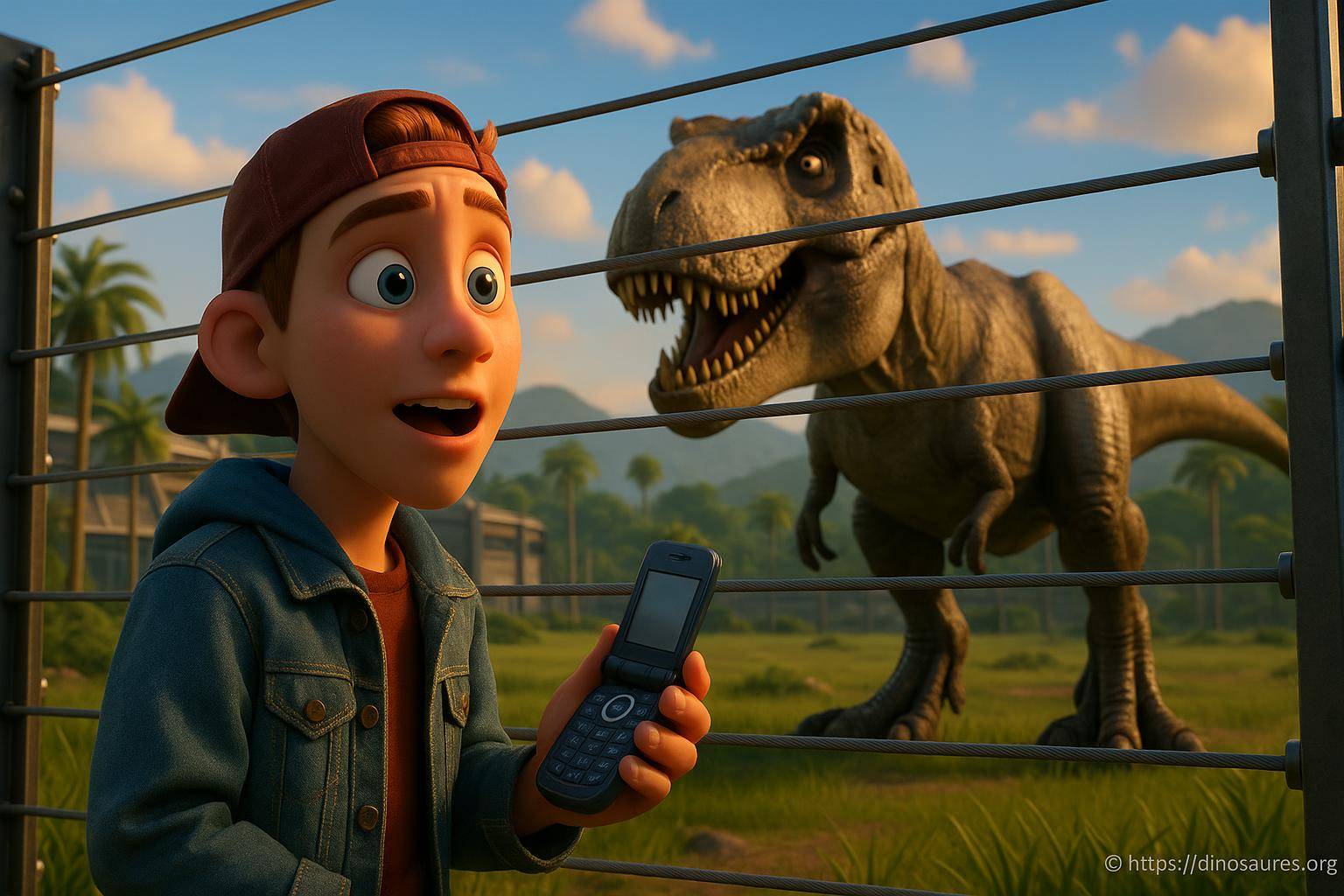 jeune garçon surpris devant un dinosaure