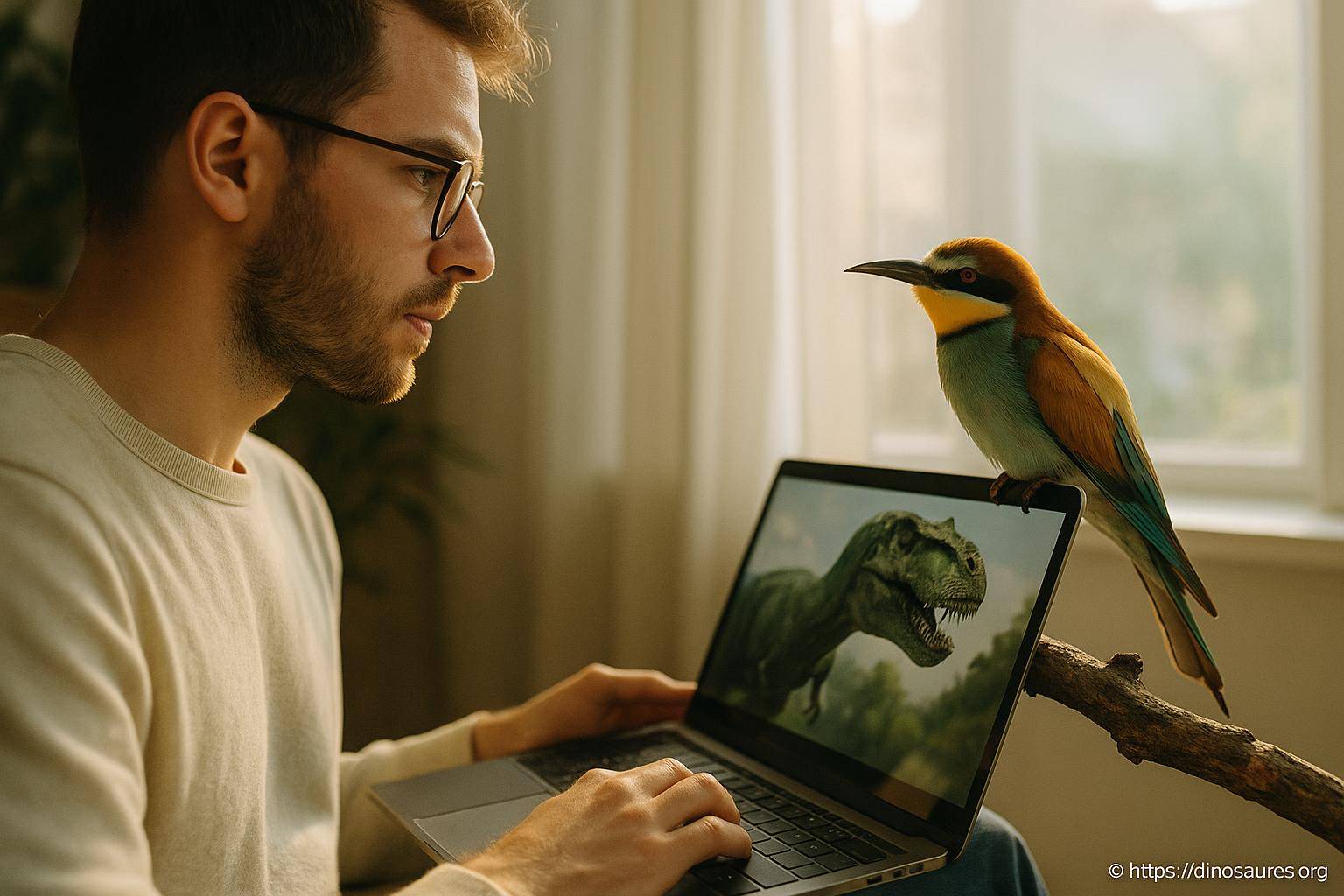 Homme regardant un dinosaure sur ordinateur avec oiseau