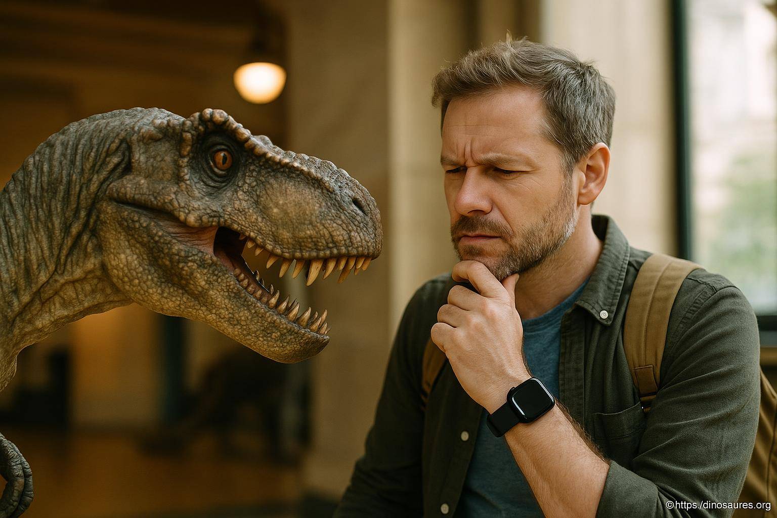 Homme pensif face à un dinosaure