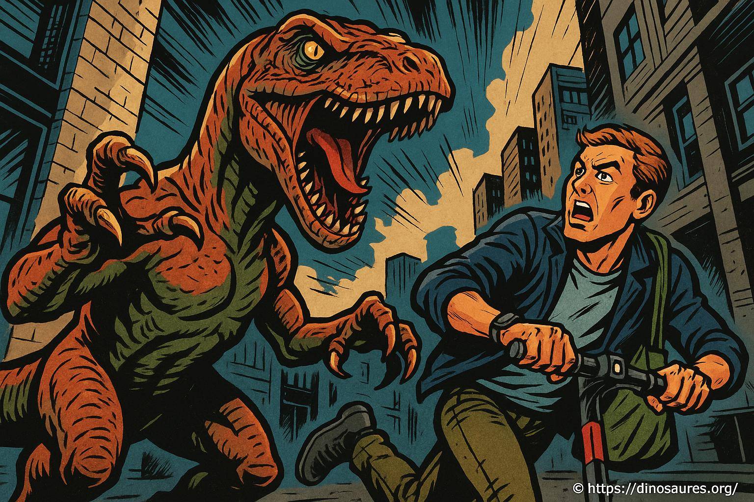 homme poursuivi par un dinosaure en ville