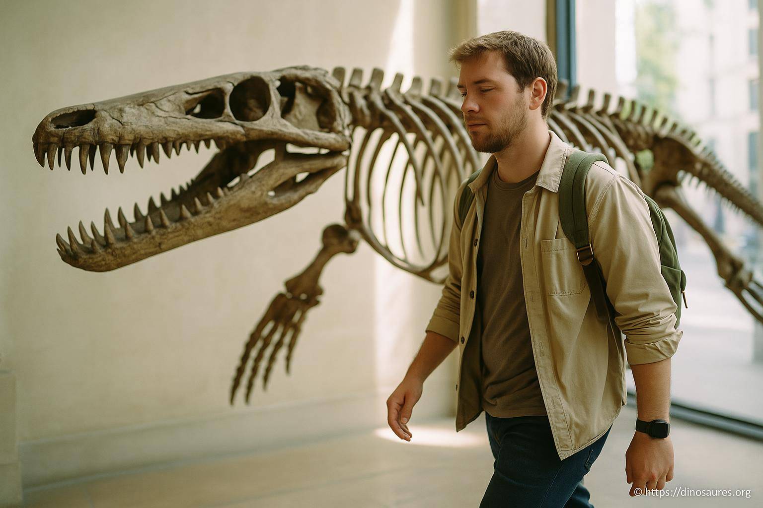 Homme visitant un squelette de dinosaure