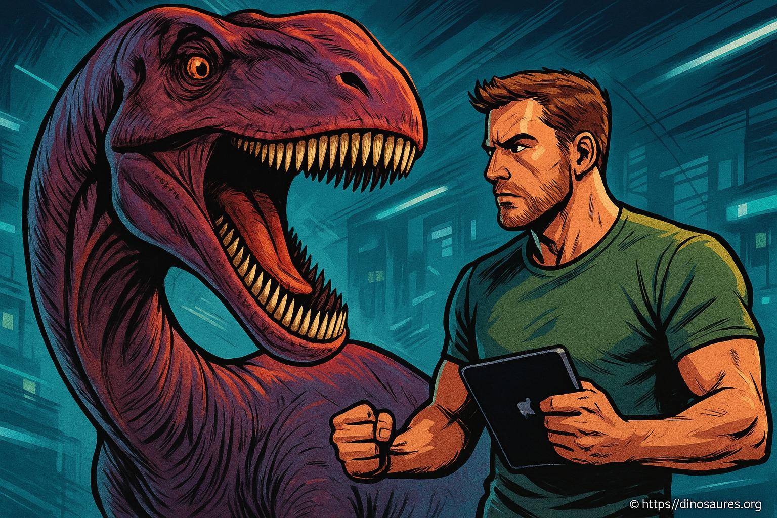 Homme face à un dinosaure rugissant