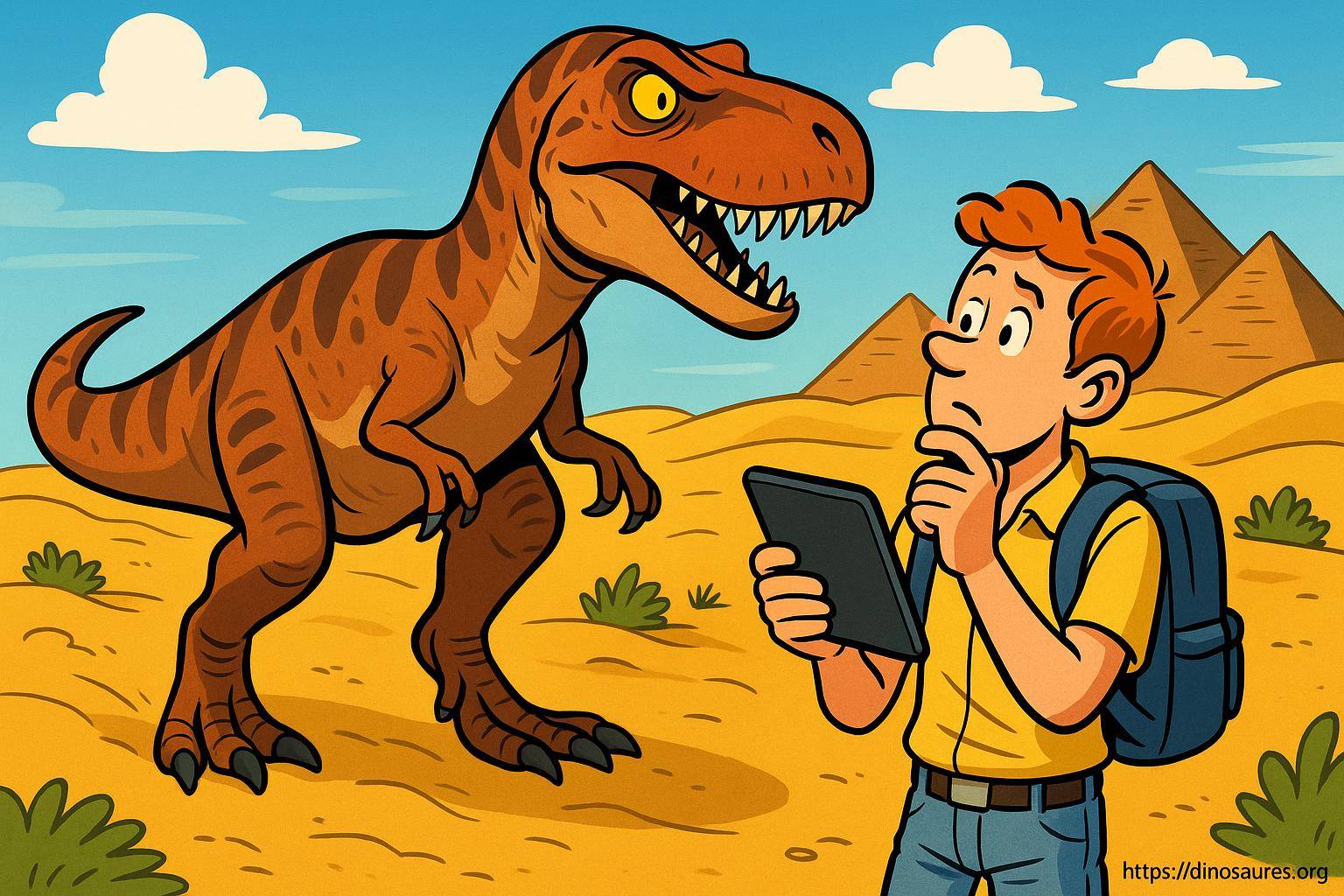 Explorateur face à un dinosaure dans le désert