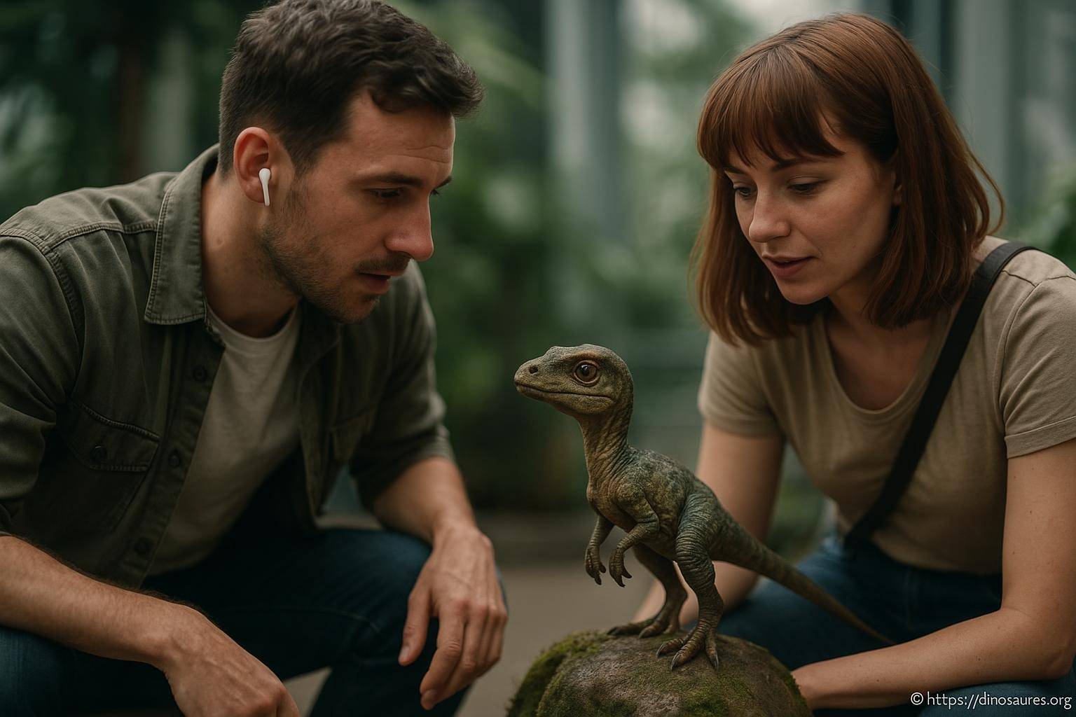 homme femme regardent bébé dinosaure