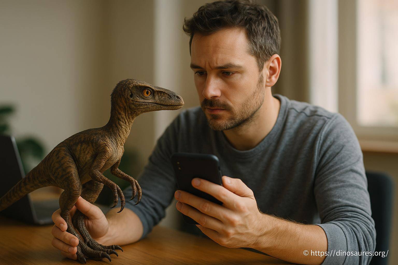 Homme tenant un dinosaure jouet