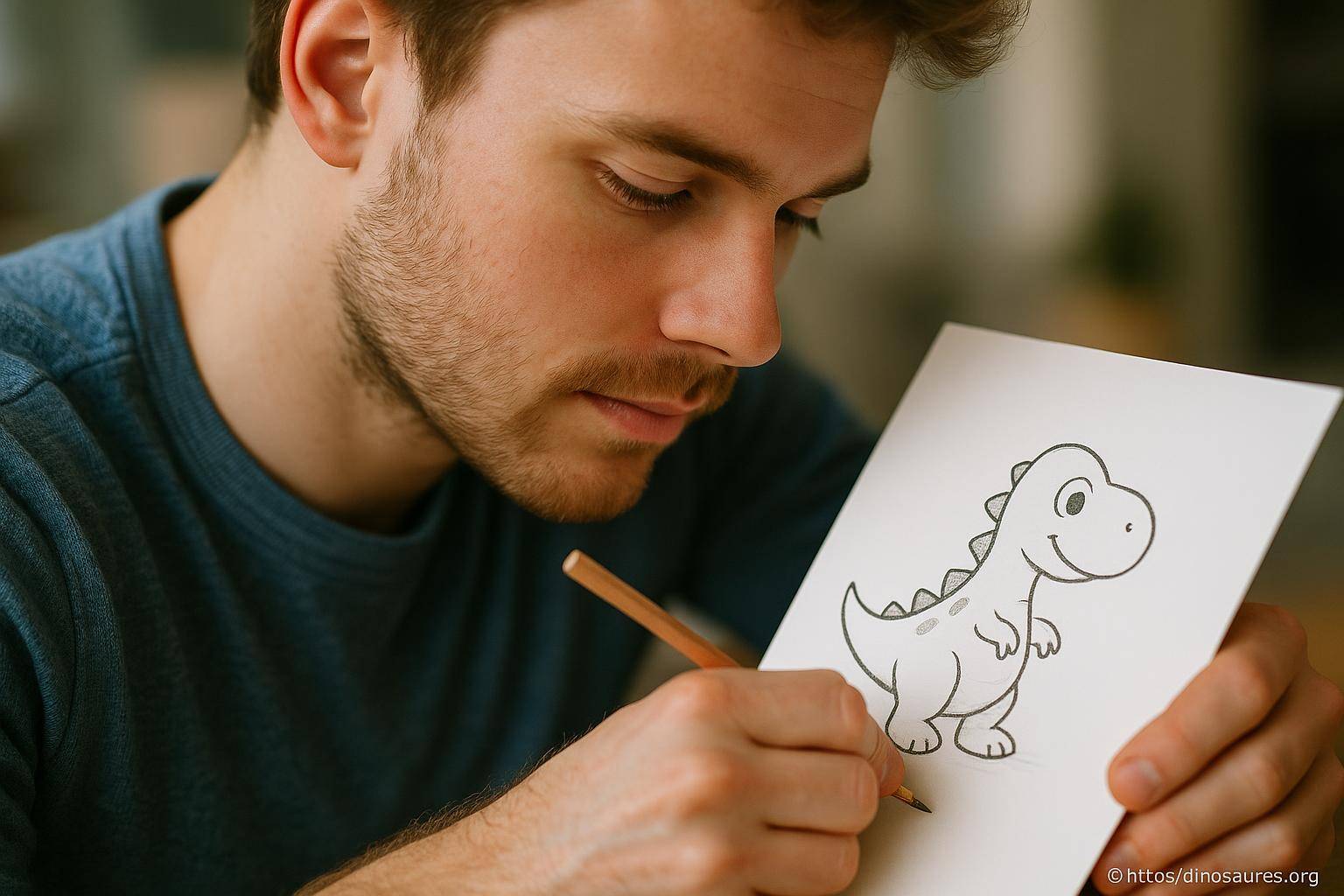 Homme dessinant un dinosaure mignon