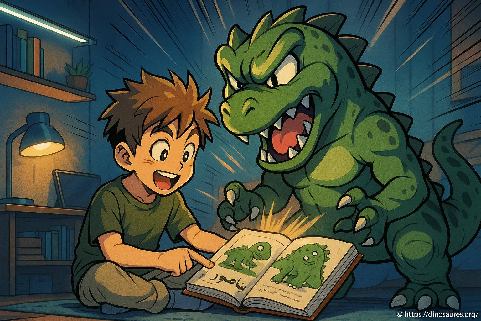 Garçon lisant un livre avec un dinosaure