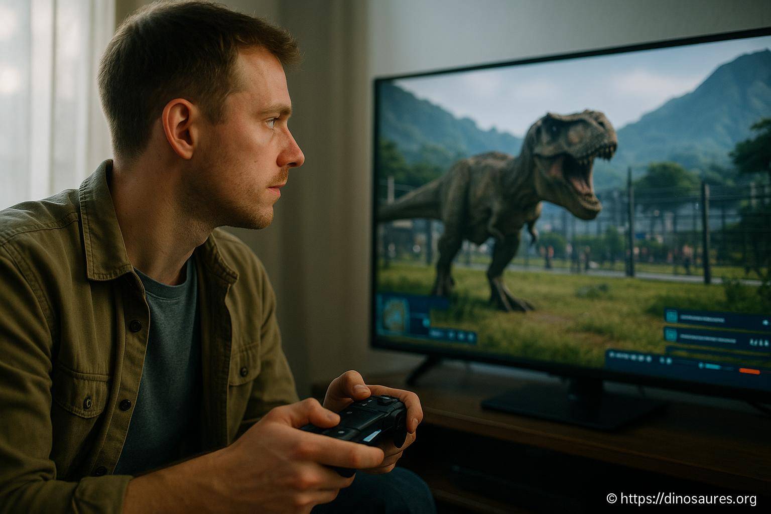 Homme jouant à un jeu vidéo de dinosaure