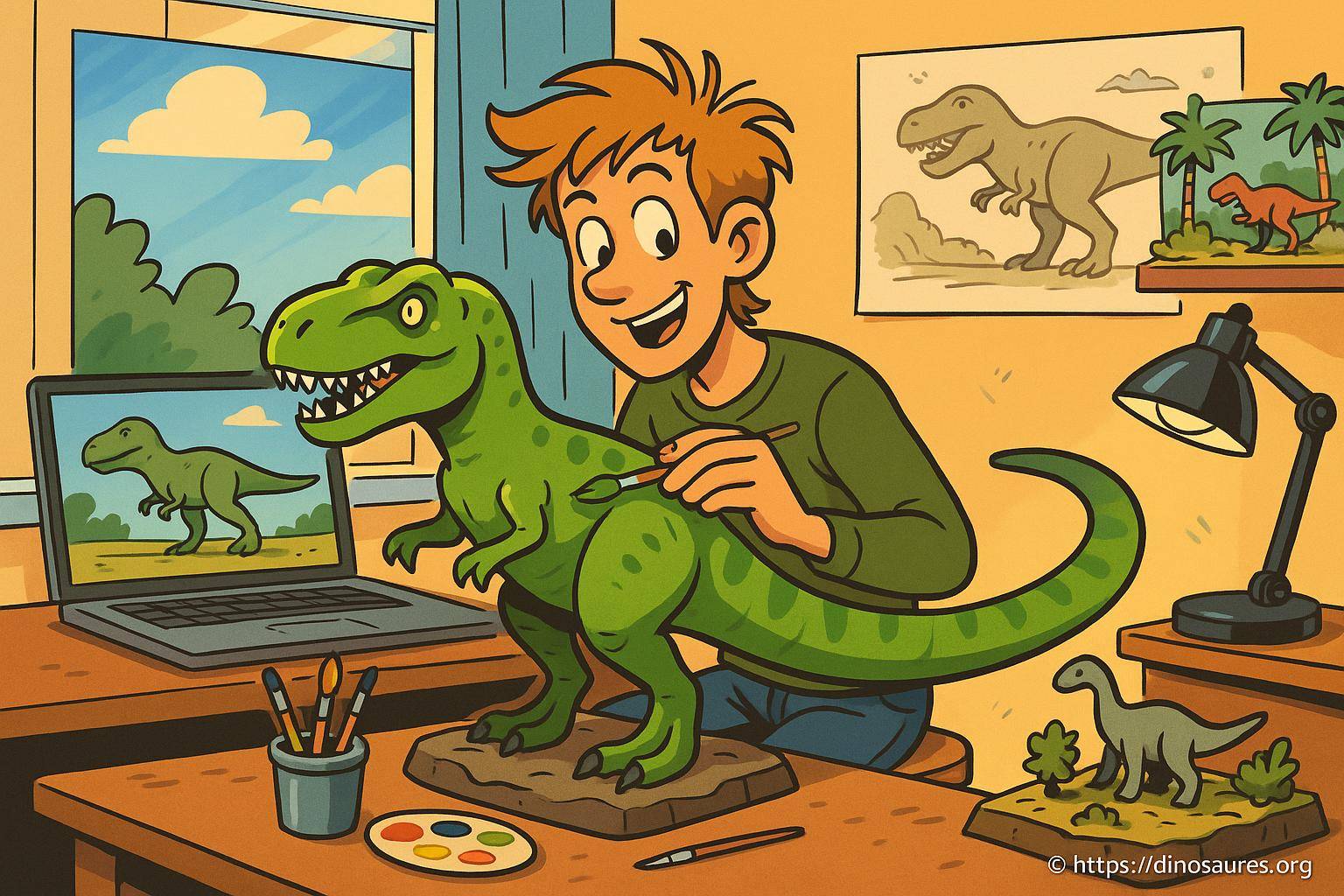 garçon peignant une maquette de dinosaure