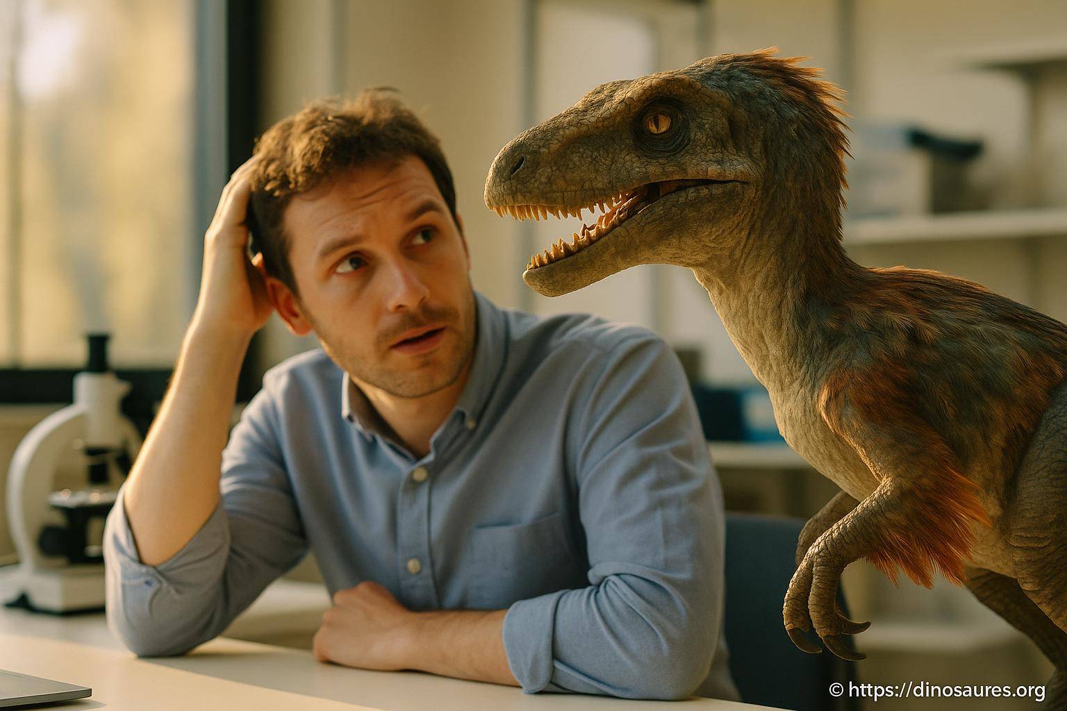 Homme intrigué face à un dinosaure réaliste