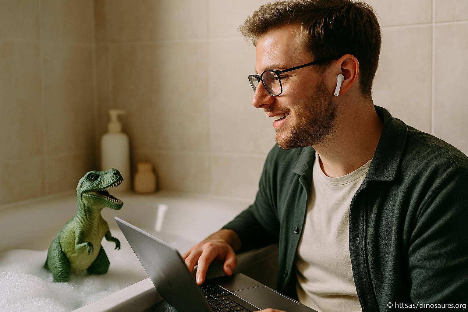 Homme souriant avec jouet dinosaure bain
