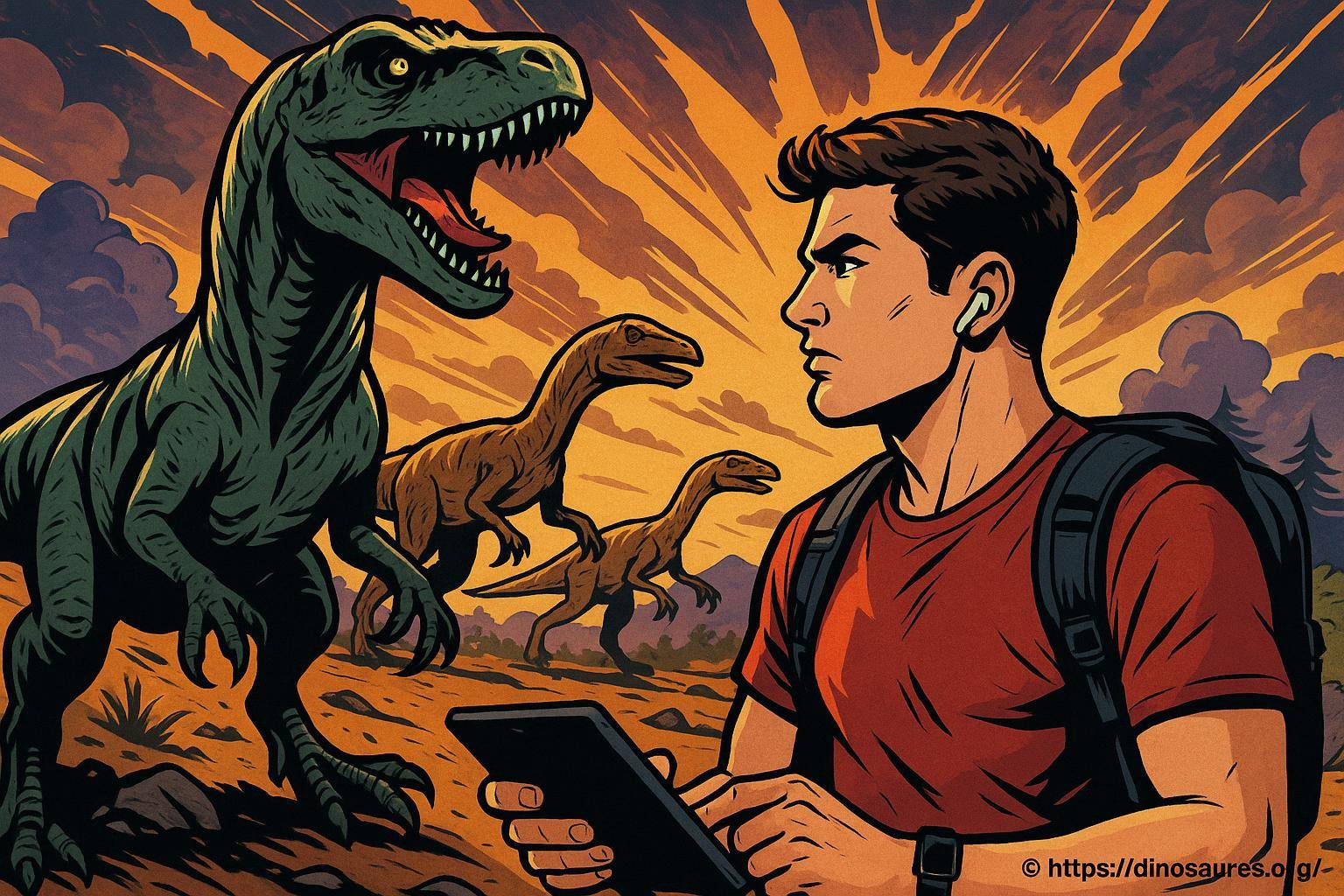 Jeune homme face à des dinosaures