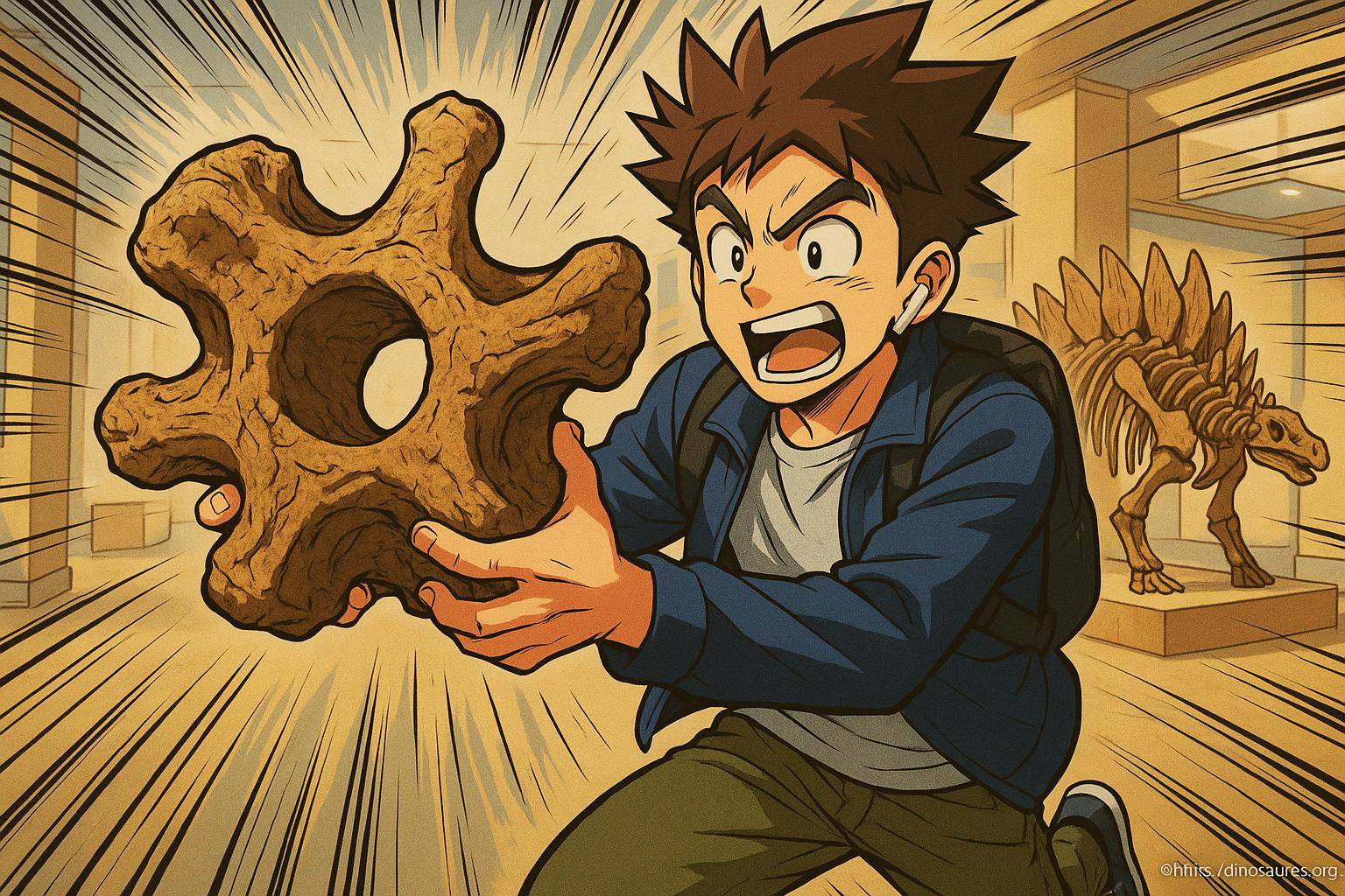 jeune homme tenant un fossile de vertèbre