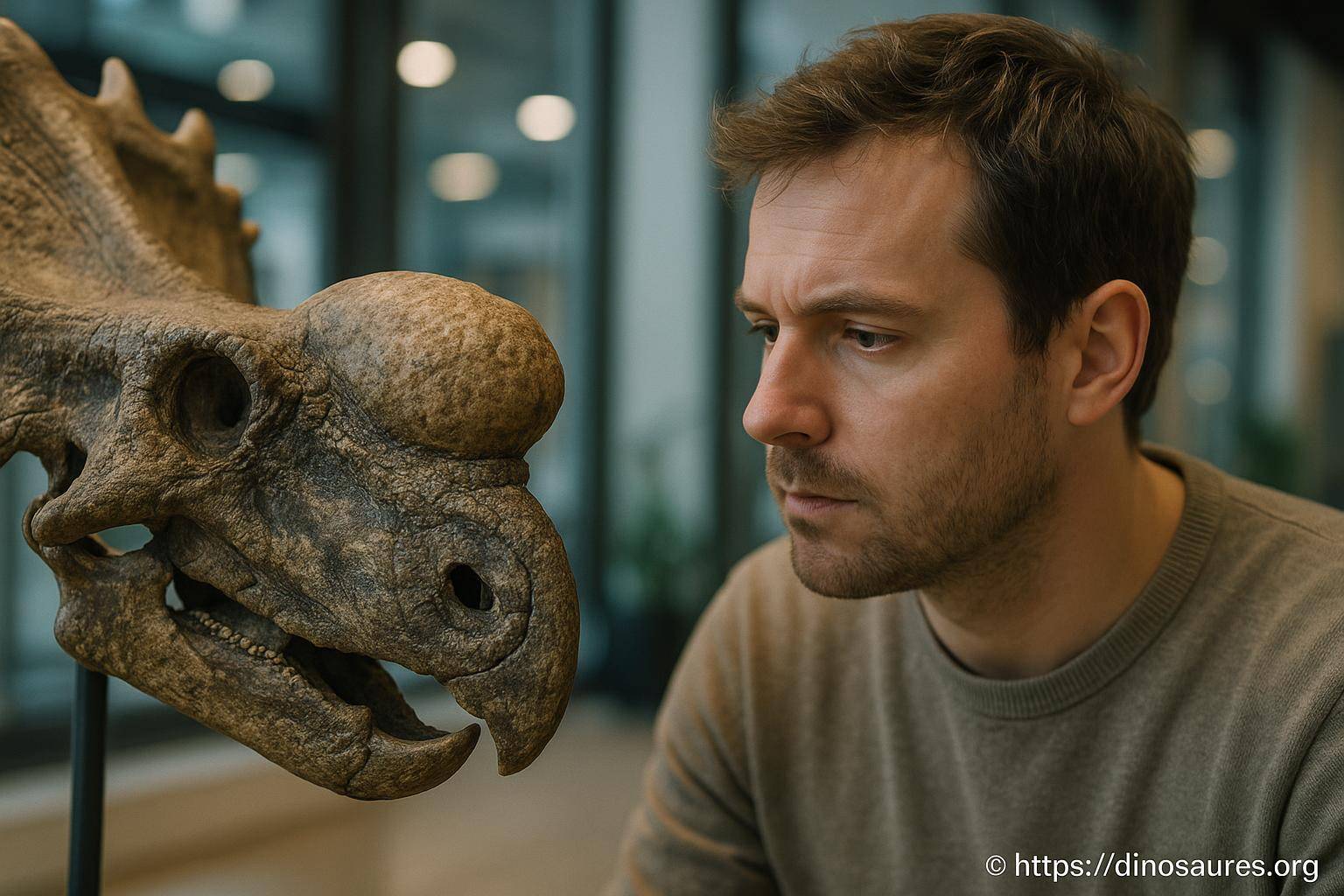 Homme observant un crâne de dinosaure