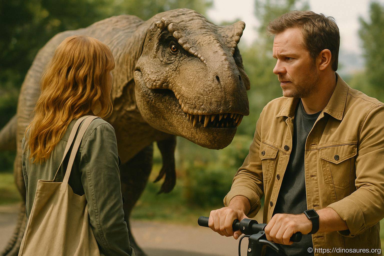 Homme et femme face à un dinosaure réaliste