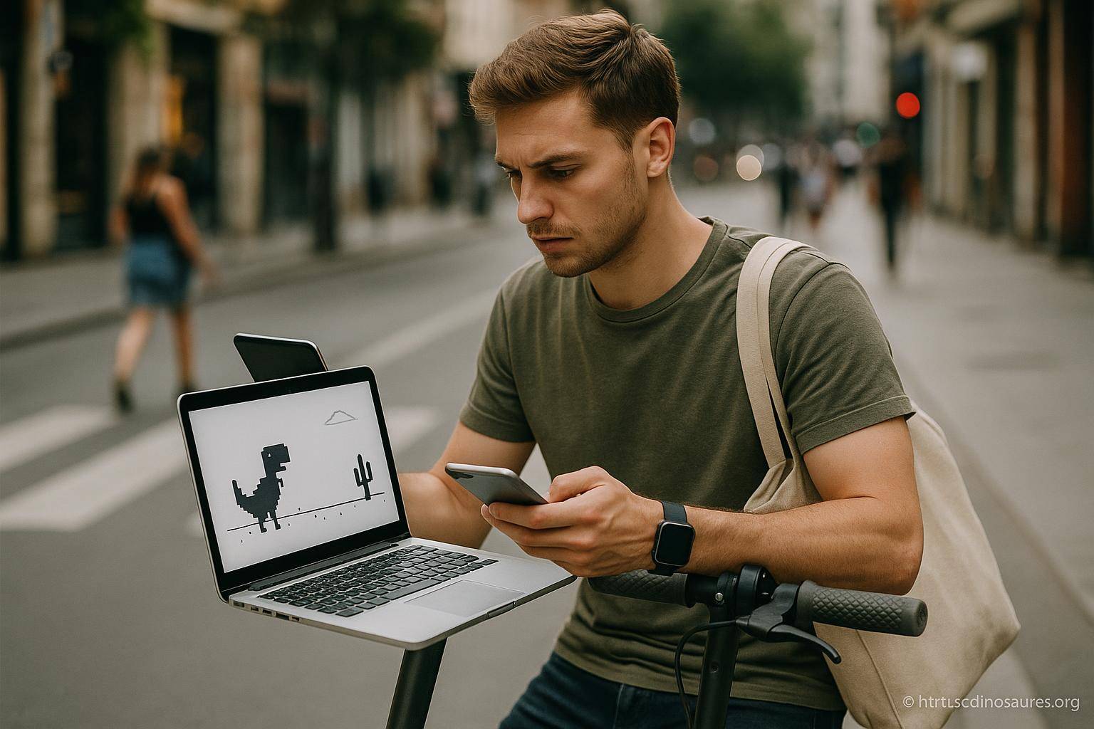 Homme jouant au jeu dinosaure sur ordinateur