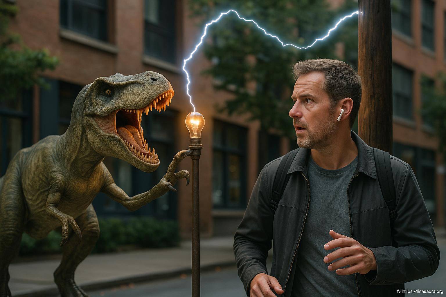 Homme surpris par dinosaure électrique urbain