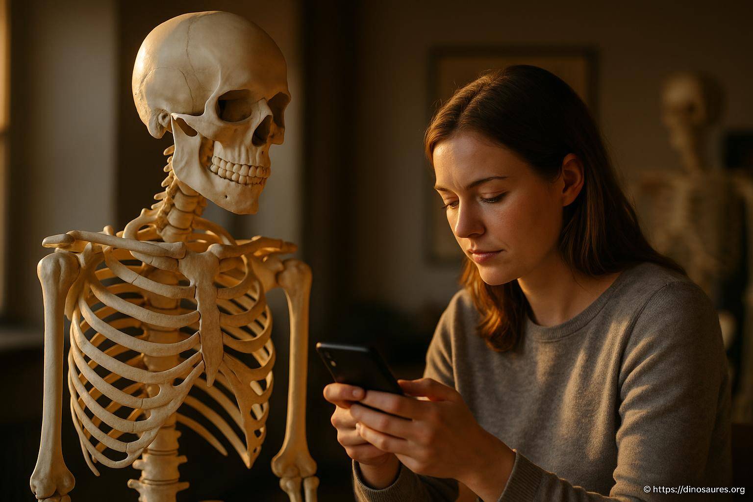 femme étudiant avec un squelette humain