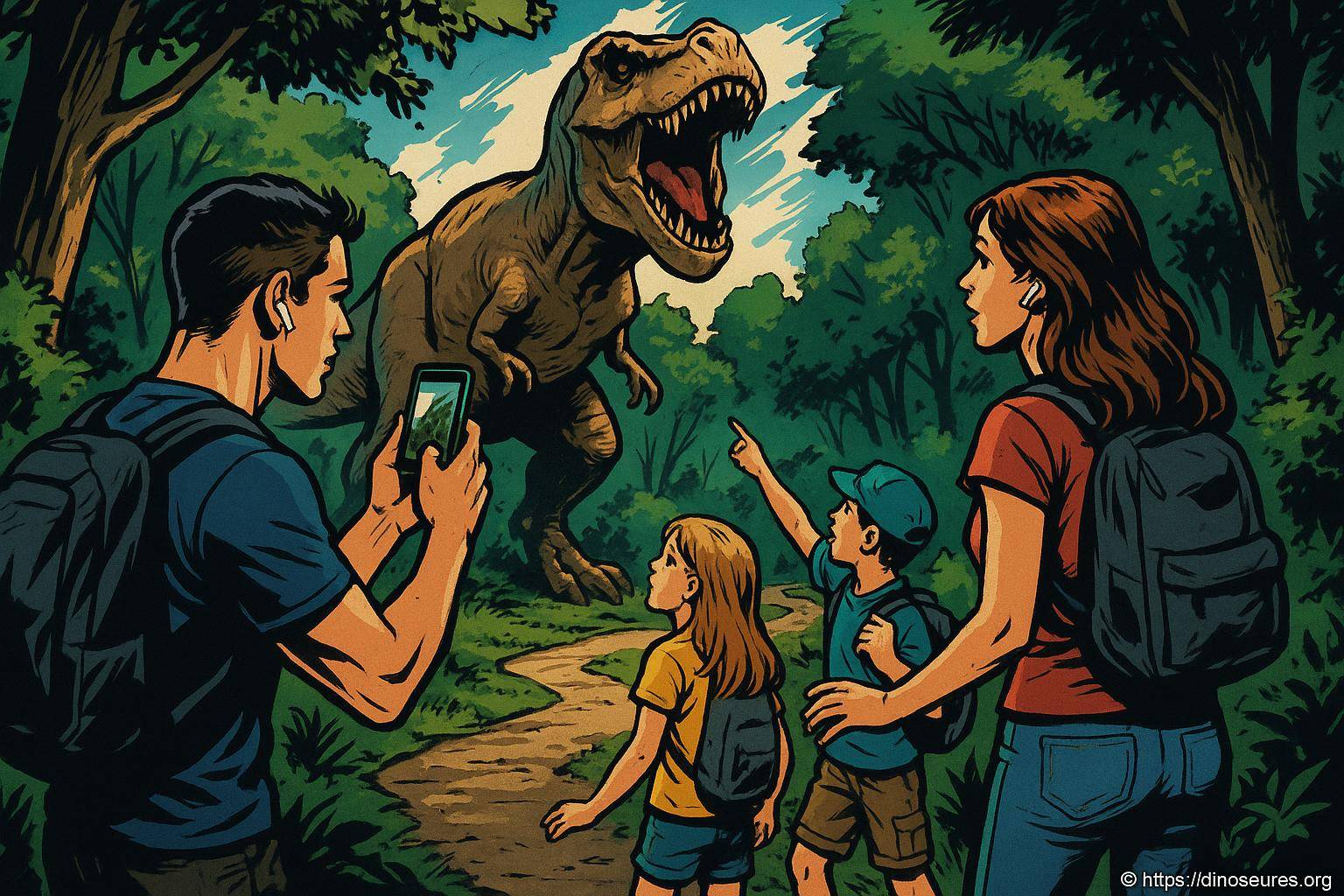 Famille face à un dinosaure T rex