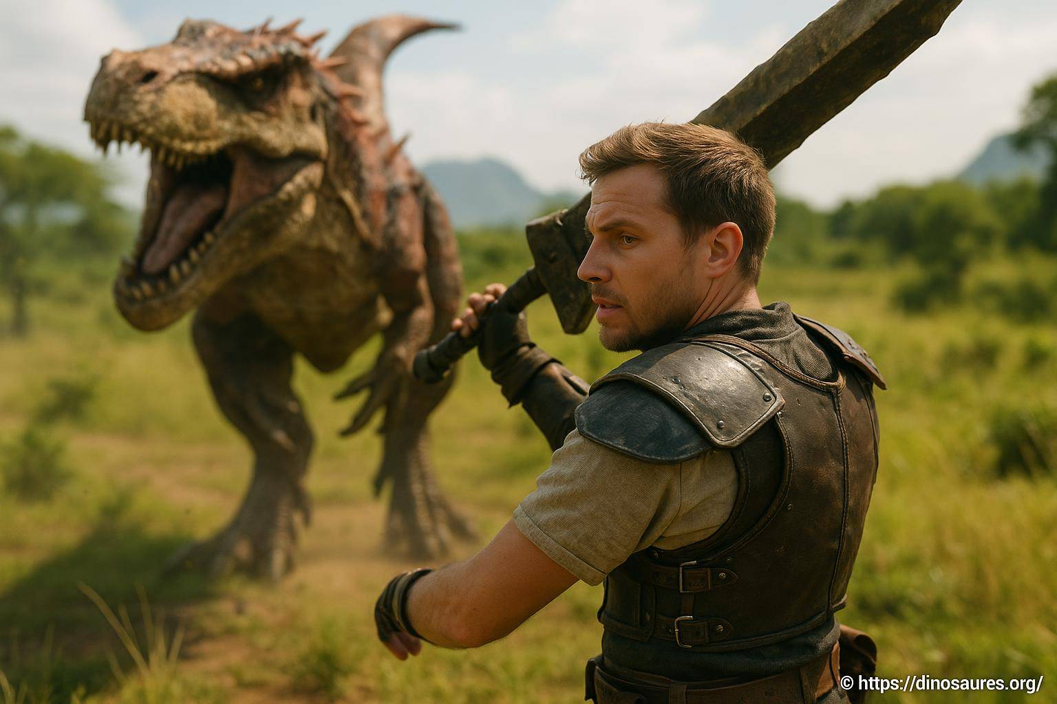 Guerrier avec épée face à un dinosaure