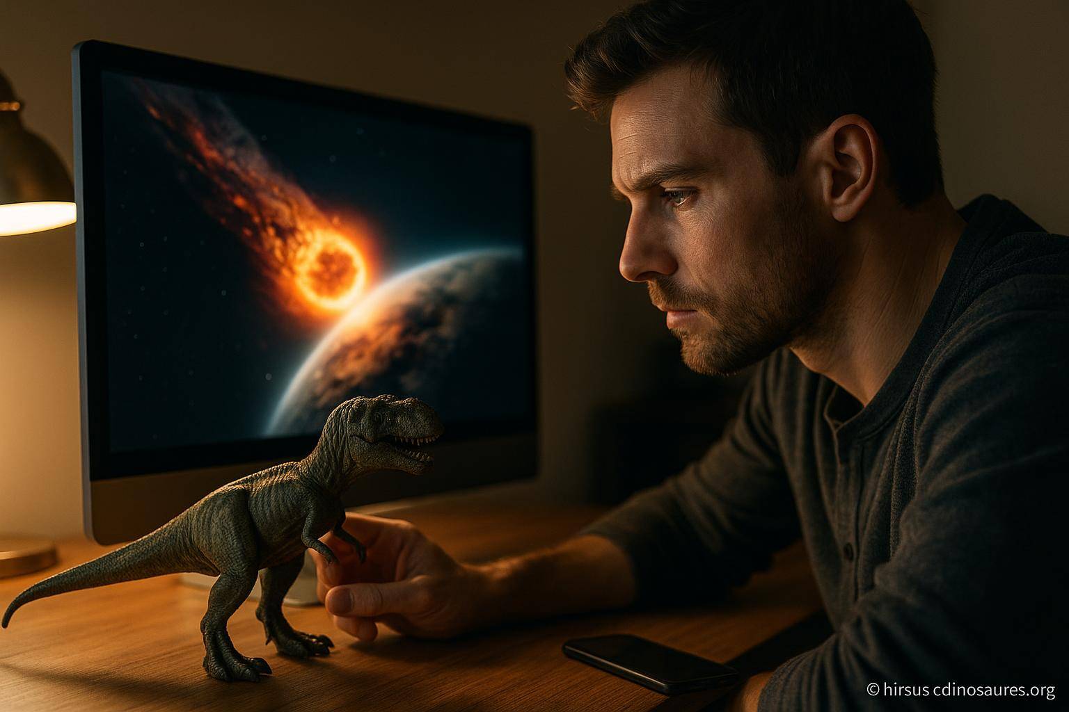 Homme avec figurine dinosaure et écran météore