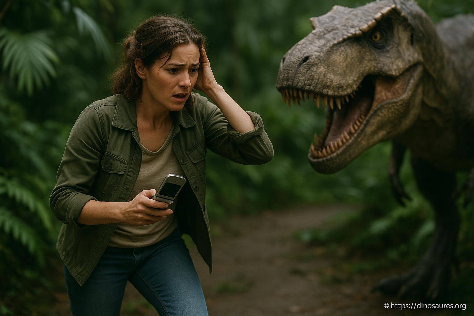 femme effrayée face à un dinosaure