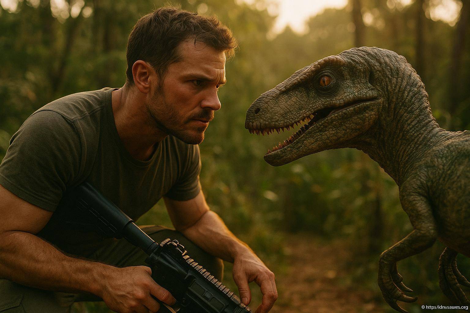 Homme face à un dinosaure dans la jungle