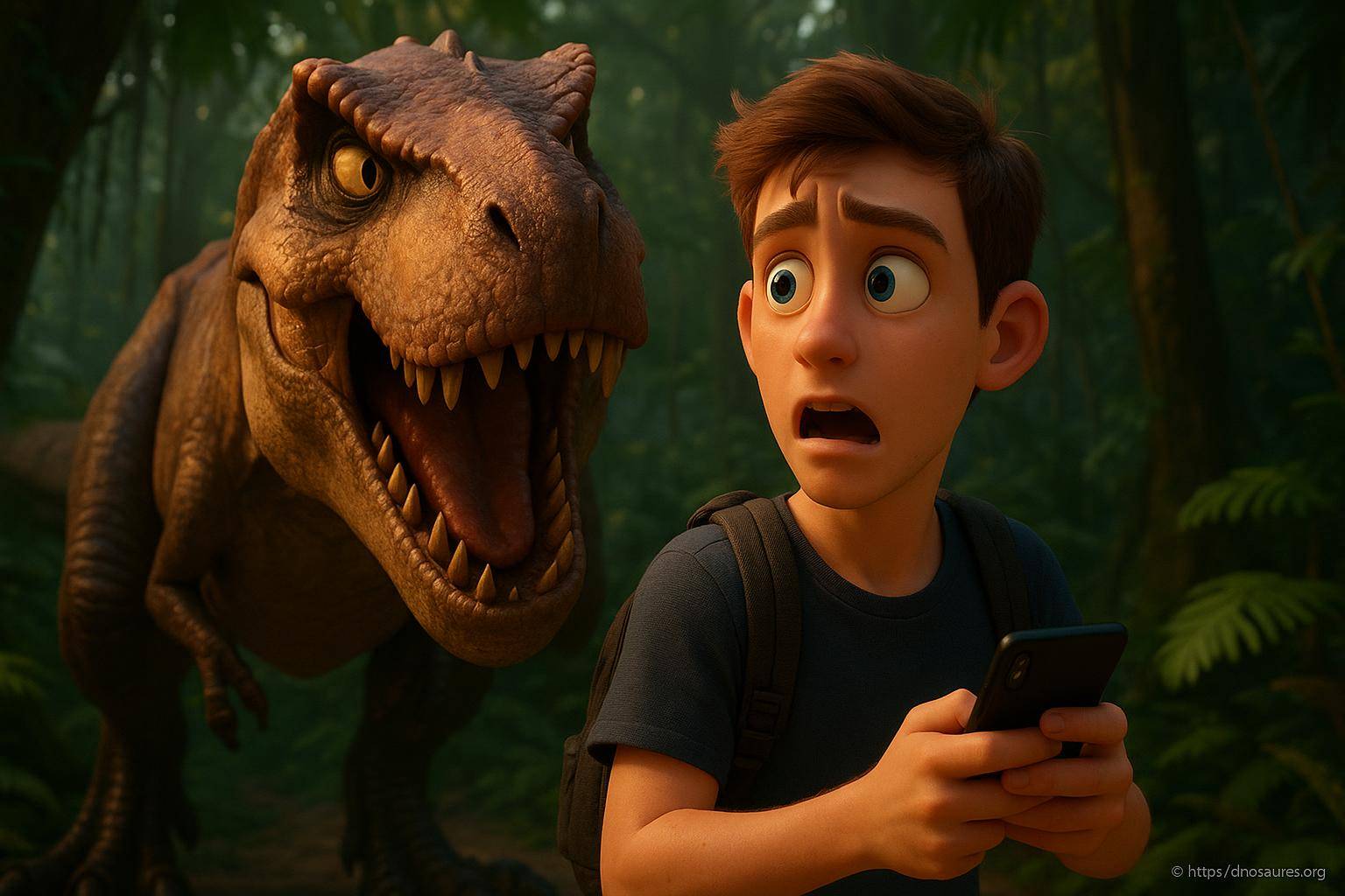 Garçon effrayé par un dinosaure T rex