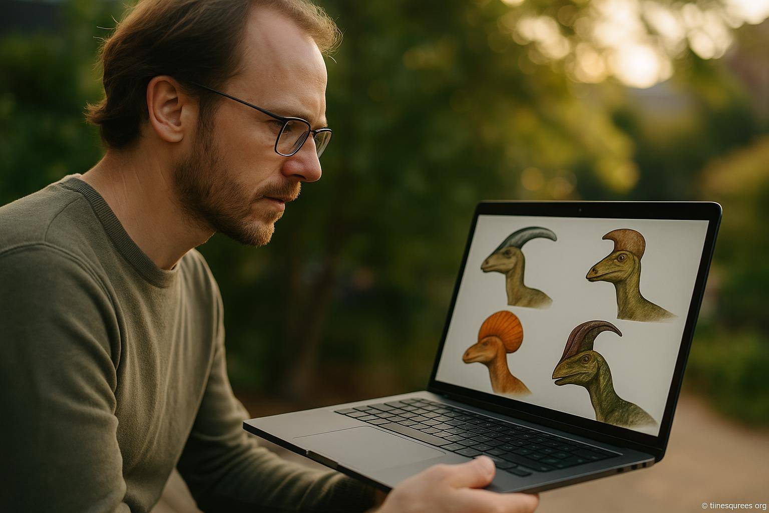 Homme regardant dessins de dinosaures sur ordinateur