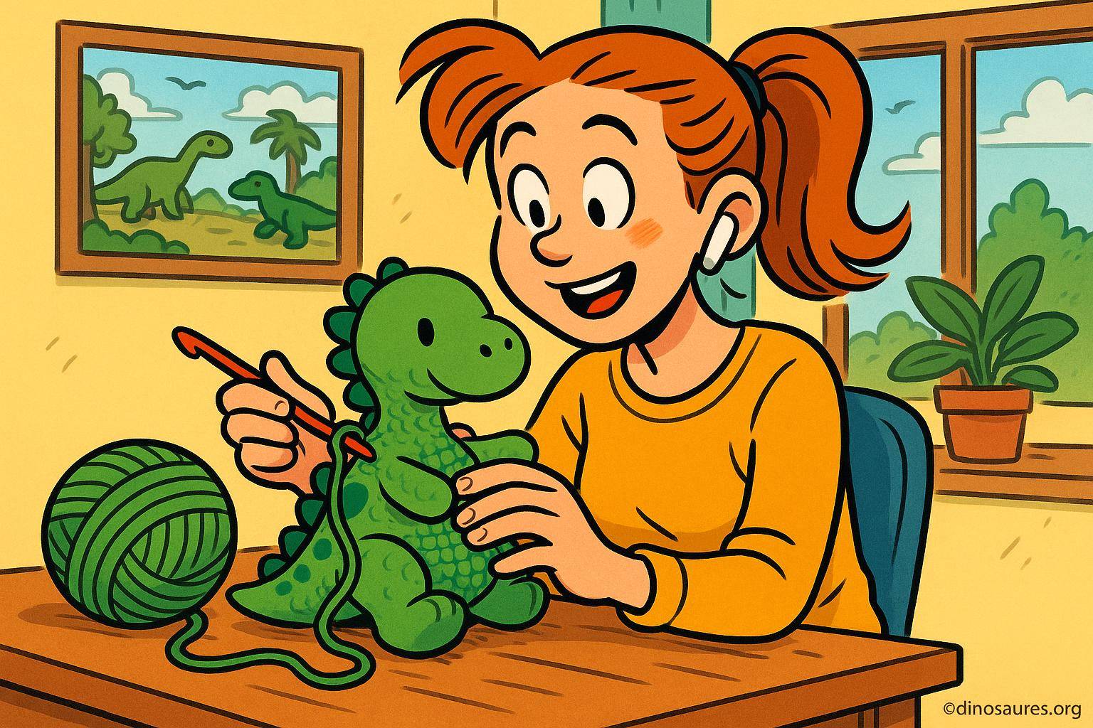 femme crochetant un dinosaure en peluche