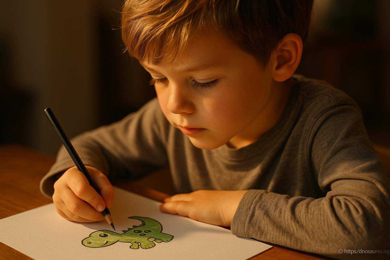 enfant dessinant un dinosaure vert