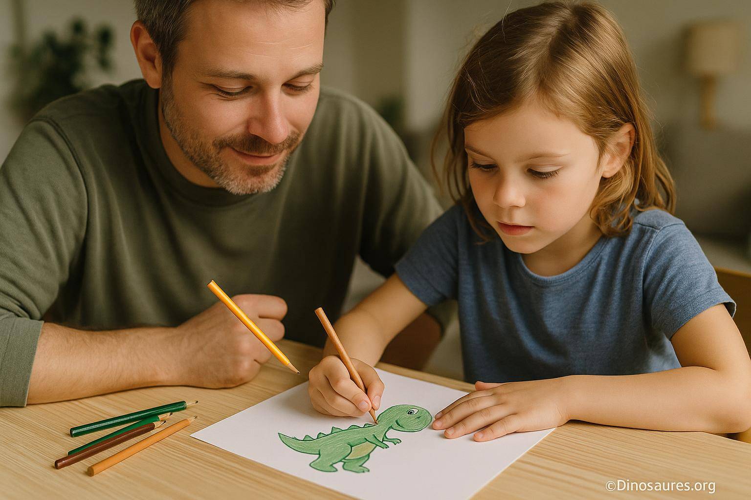 Enfant dessinant un dinosaure avec un adulte