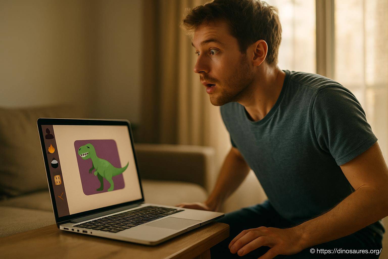 Homme surpris regardant dessin dinosaure ordinateur