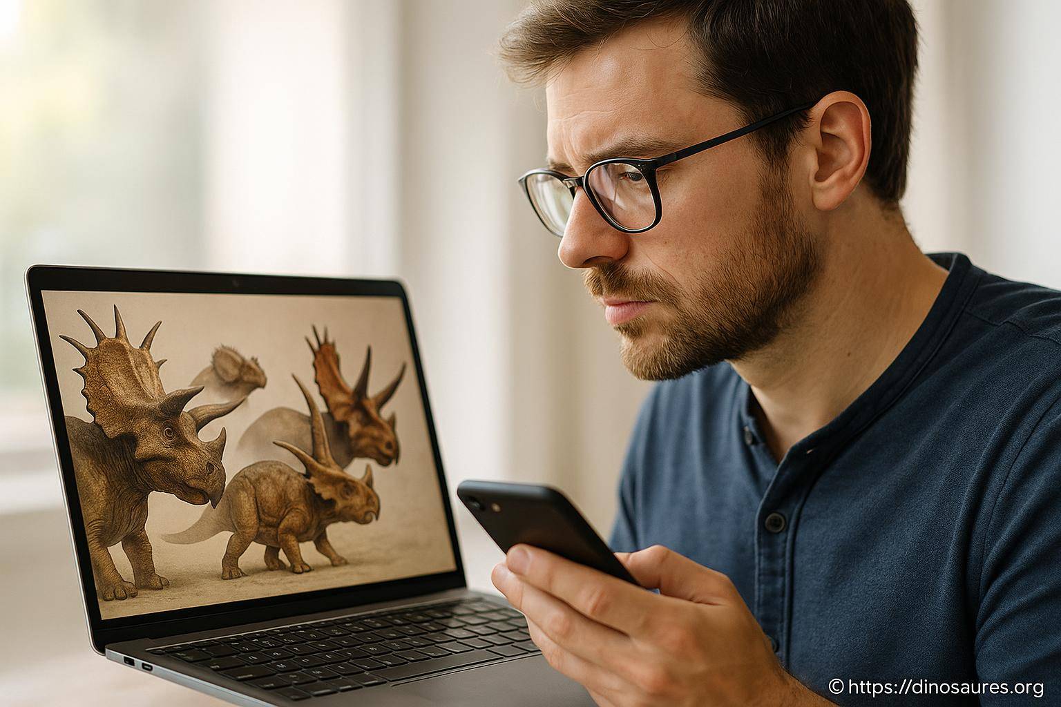 Homme étudiant des images de dinosaures sur ordinateur