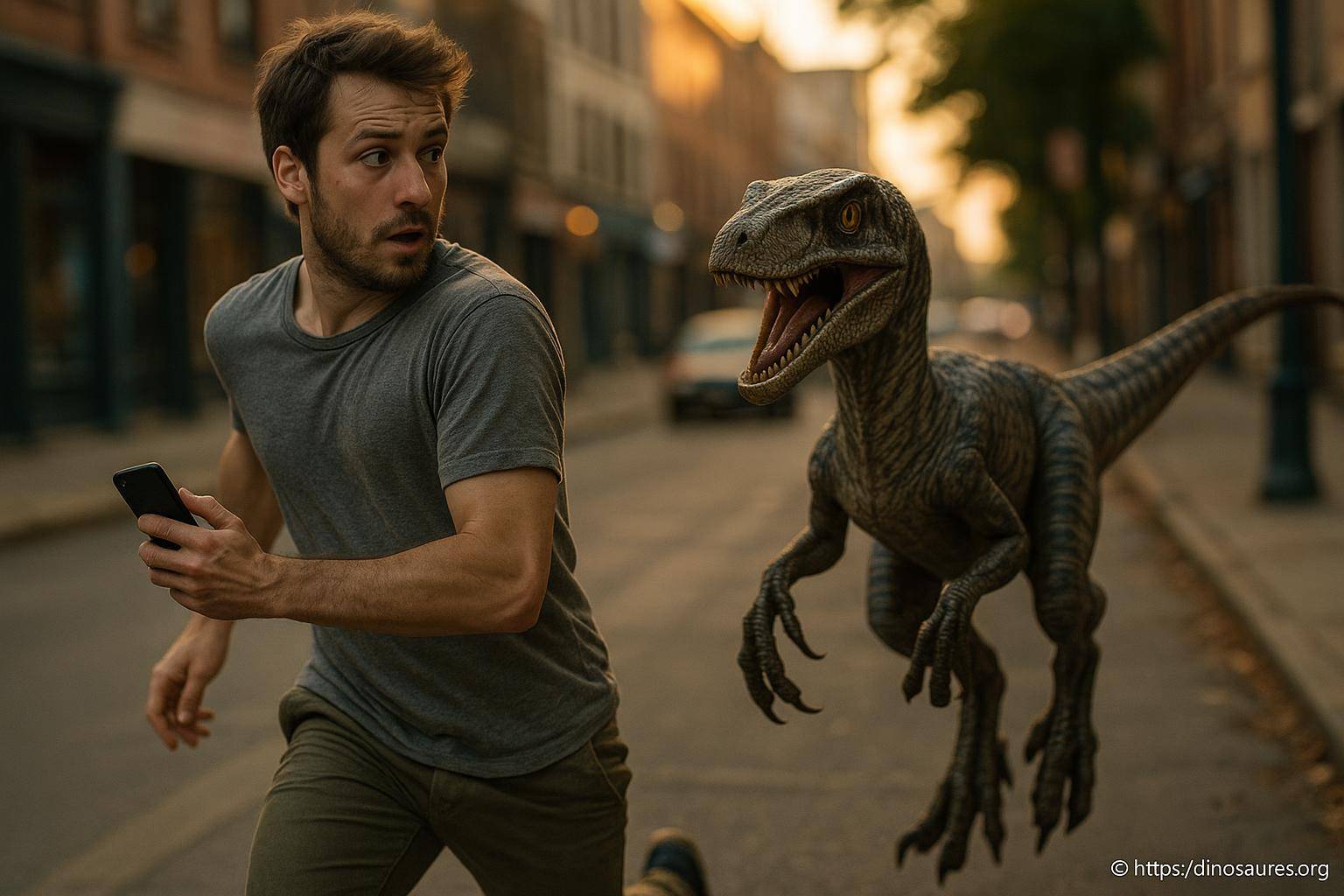 homme courant poursuivi par un dinosaure velociraptor
