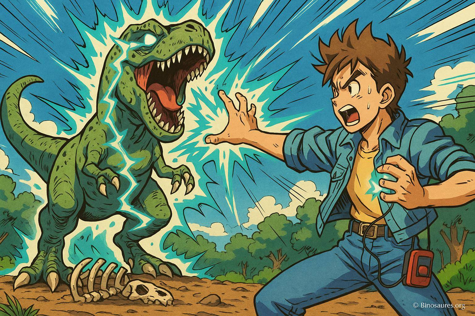 Jeune homme affrontant un dinosaure électrique