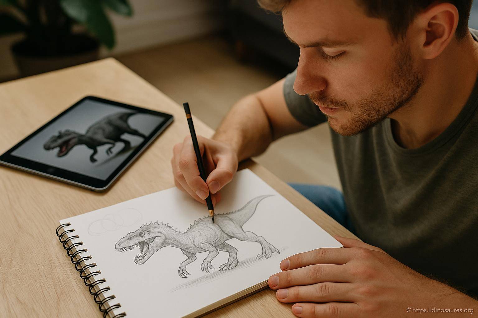 homme dessinant un dinosaure au crayon